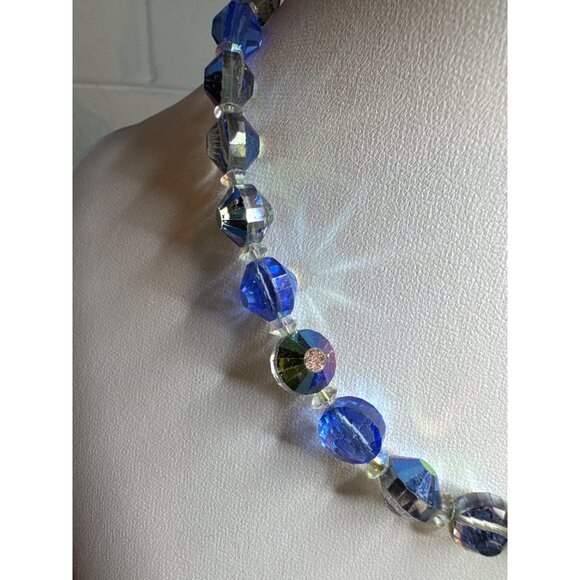 Faceted Blue Aurora Borealis and Clear Crystal Beaded Necklace Hobe Vintage - Picture 3 of 9